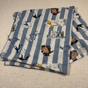 Looney Tunes Full Flat Sheet Blue Stripe Drawing Comics 1996 Vintage Bibb Co USA